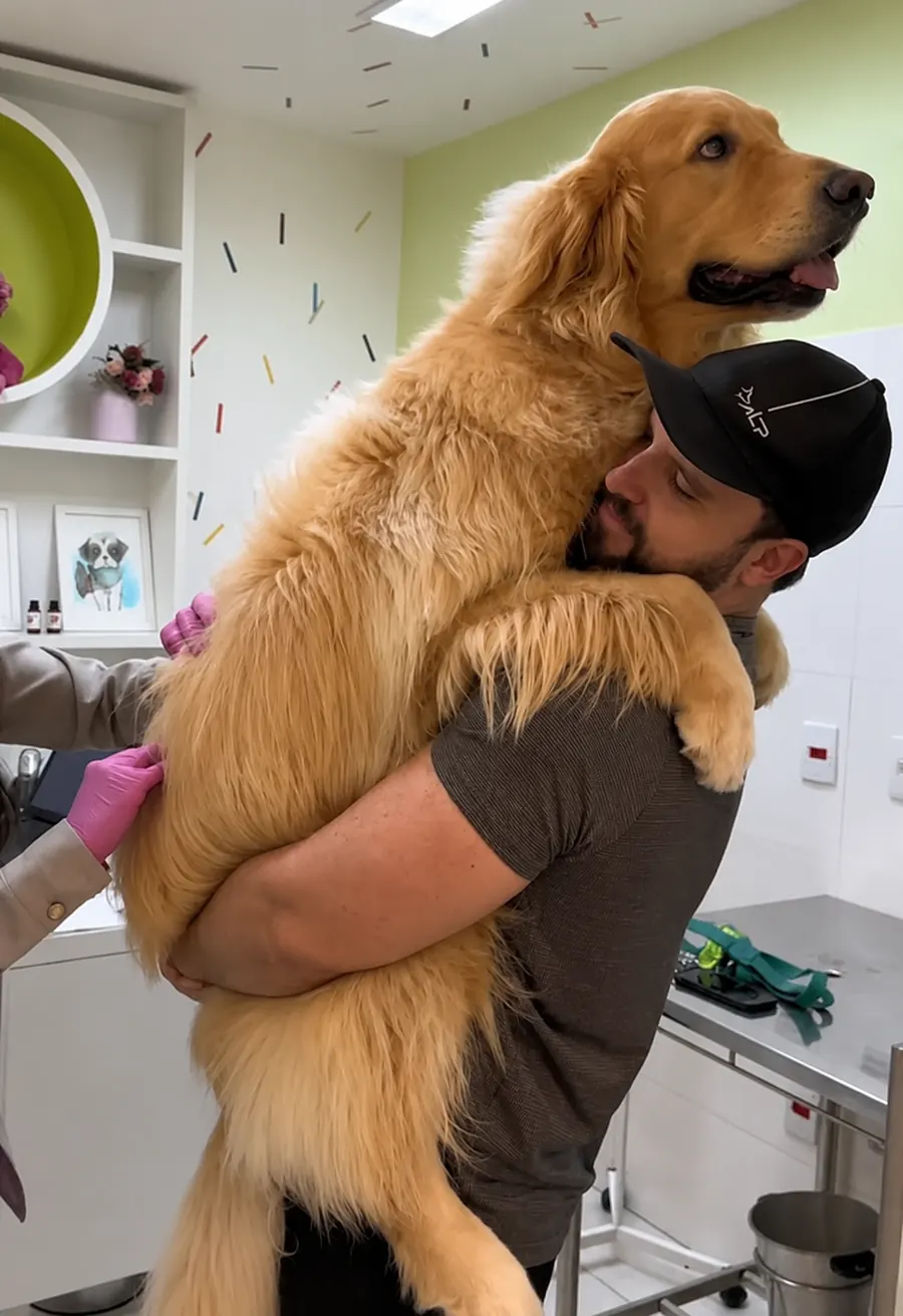 Zider sendo abraçado pelo dono depois do tratamento